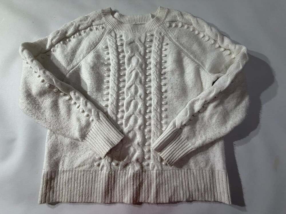 LOFT L White Cable Knit Pom Pom Sweater Crewneck Cozy Winter Soft $